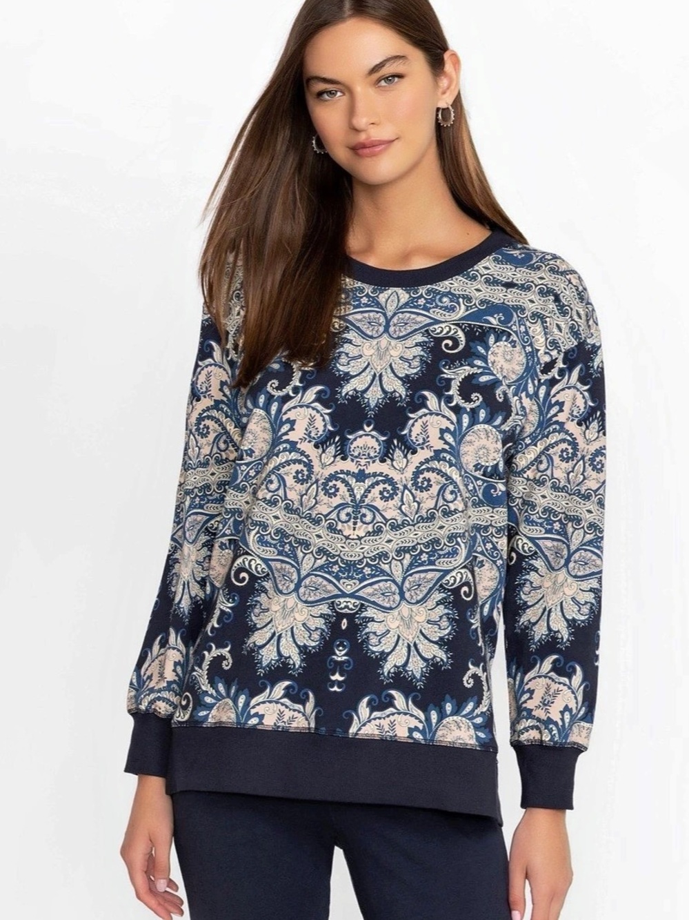 Johnny Was Roman Paisley Scarf Print High Low Crew Neck Sweatshirt 2X